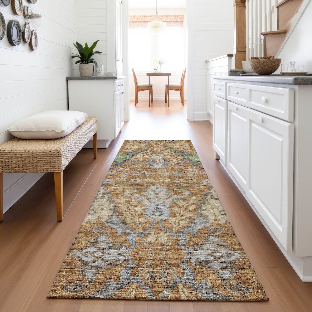 Premium Machine Washable Mayfield AMF1153 Copper 2'3" x 7'6" Runner Rug. Picture 5