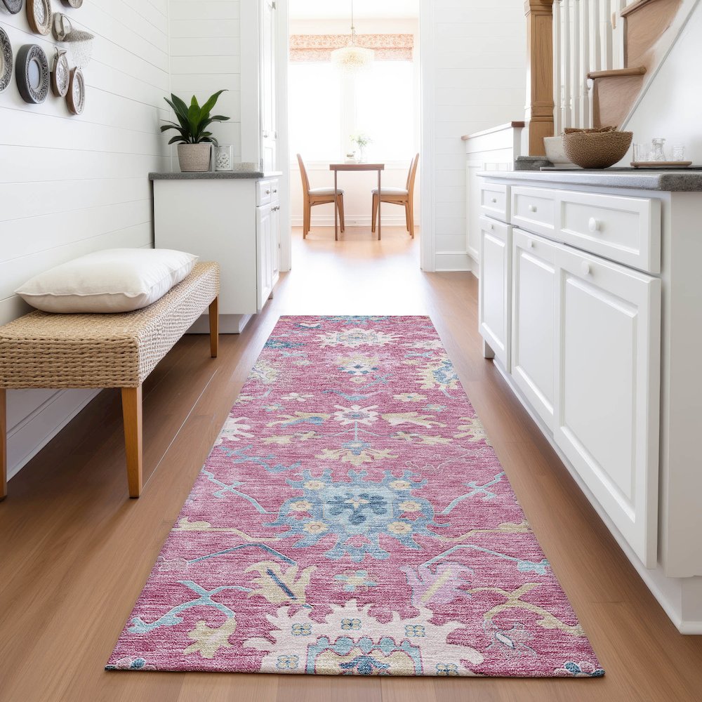 Premium Machine Washable Mayfield AMF1154 Pink 2'3" x 7'6" Runner Rug. Picture 5