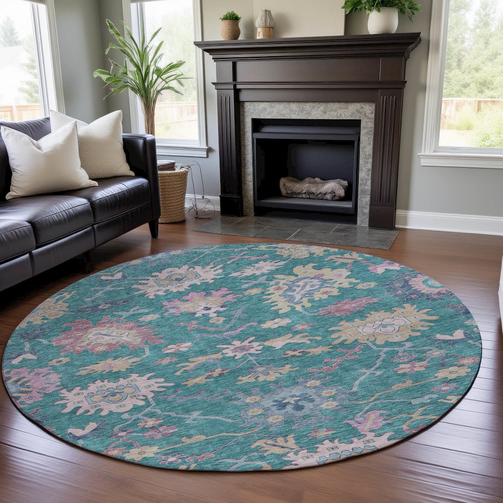 Premium Machine Washable Mayfield AMF1154 Teal 8' x 8' Round Rug. Picture 5