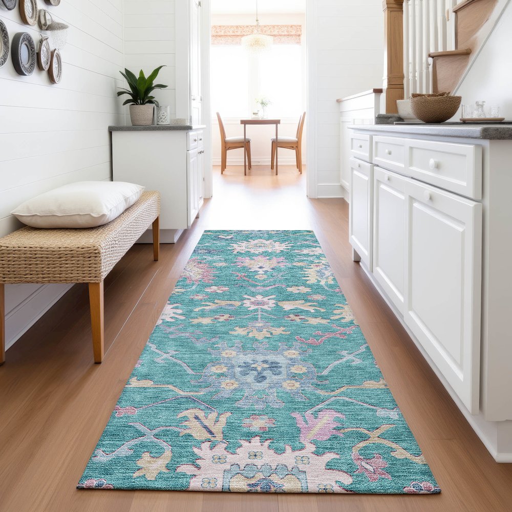 Premium Machine Washable Mayfield AMF1154 Teal 2'3" x 7'6" Runner Rug. Picture 5