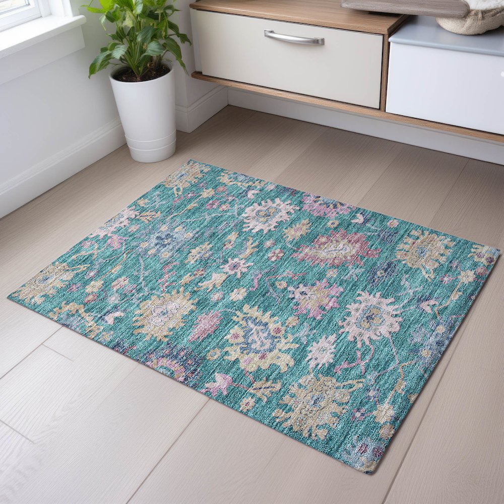 Premium Machine Washable Mayfield AMF1154 Teal 1'8" x 2'6" Rug. Picture 5