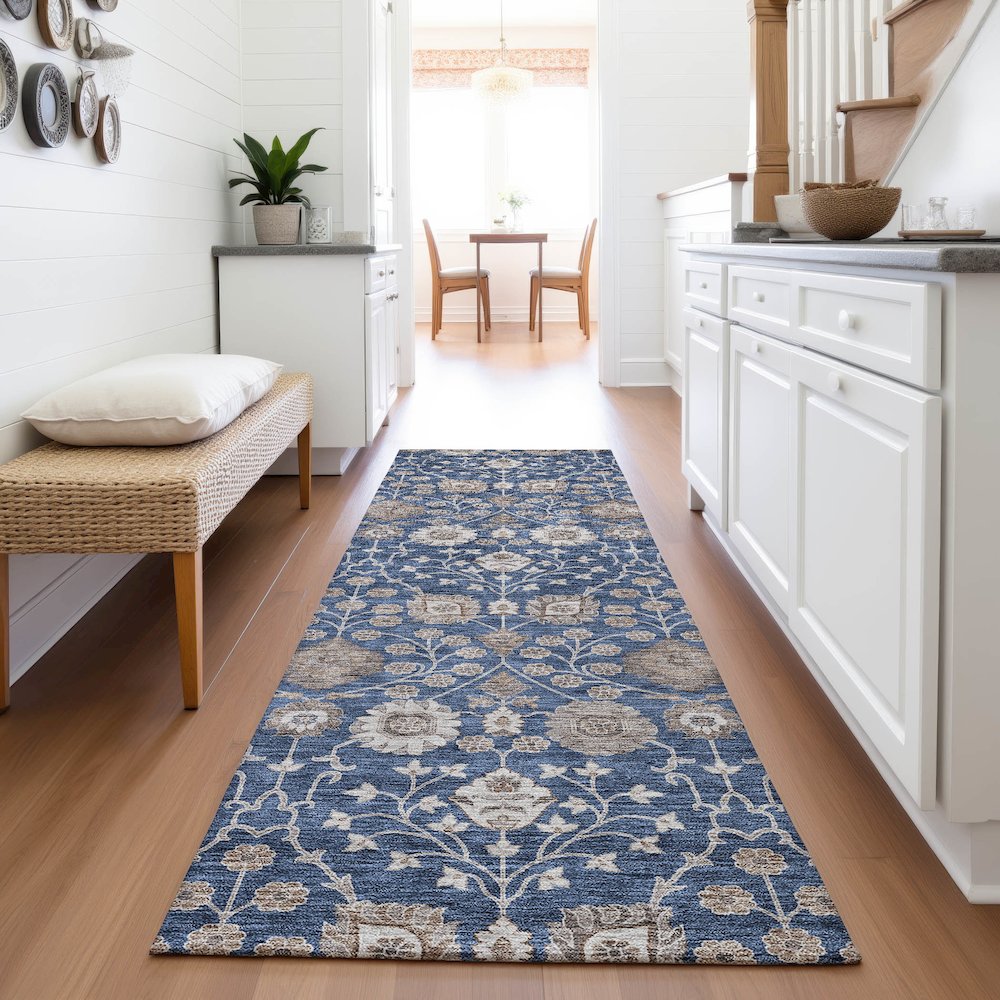 Premium Machine Washable Mayfield AMF1155 Navy 2'3" x 7'6" Runner Rug. Picture 5