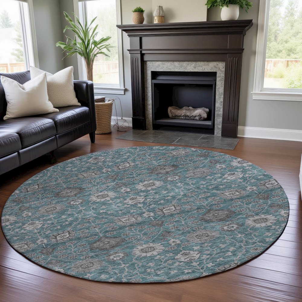 Premium Machine Washable Mayfield AMF1155 Teal 8' x 8' Round Rug. Picture 5