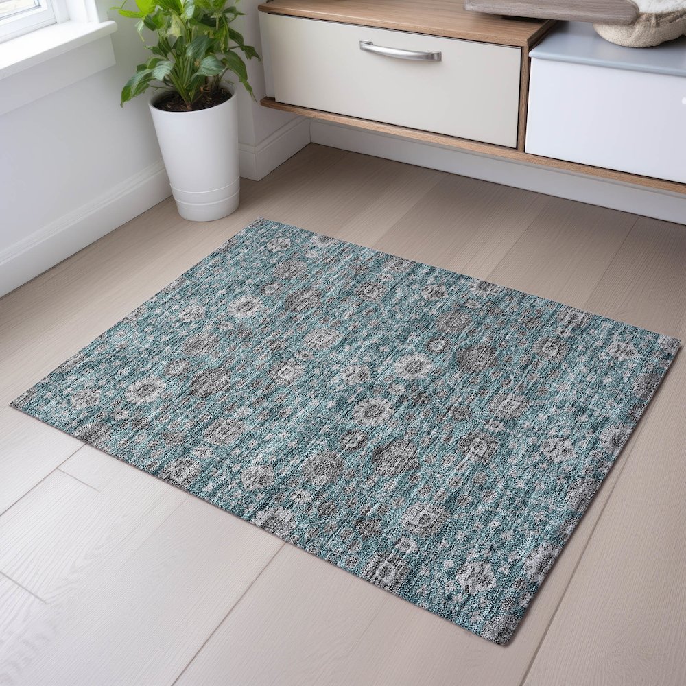 Premium Machine Washable Mayfield AMF1155 Teal 1'8" x 2'6" Rug. Picture 5
