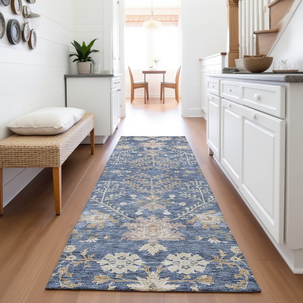 Premium Machine Washable Mayfield AMF1156 Blue 2'3" x 7'6" Runner Rug. Picture 5