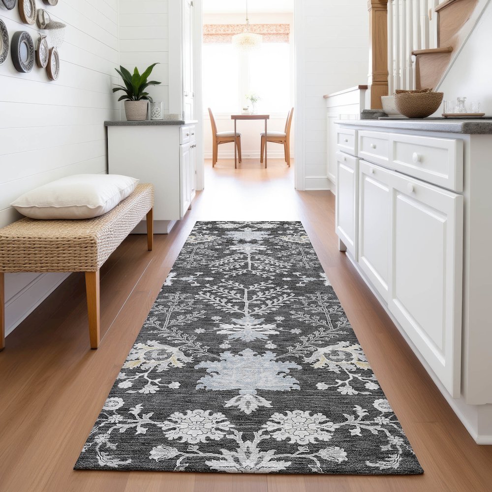 Premium Machine Washable Mayfield AMF1156 Charcoal 2'3" x 7'6" Runner Rug. Picture 5