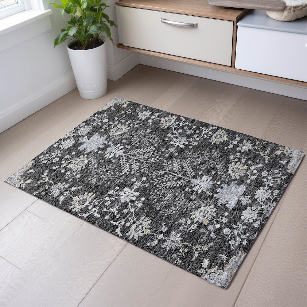 Premium Machine Washable Mayfield AMF1156 Charcoal 1'8" x 2'6" Rug. Picture 5