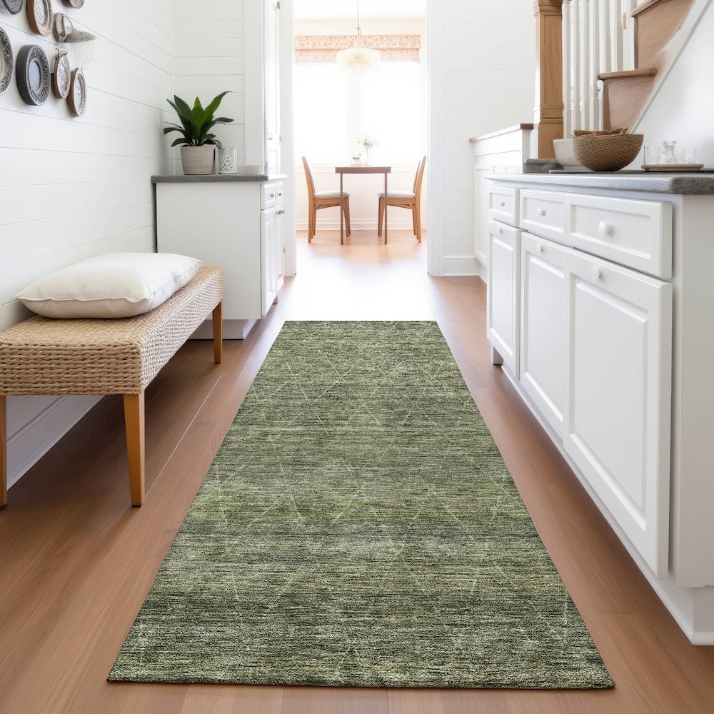 Premium Machine Washable Mayfield AMF1165 Olive 2'3" x 7'6" Runner Rug. Picture 5