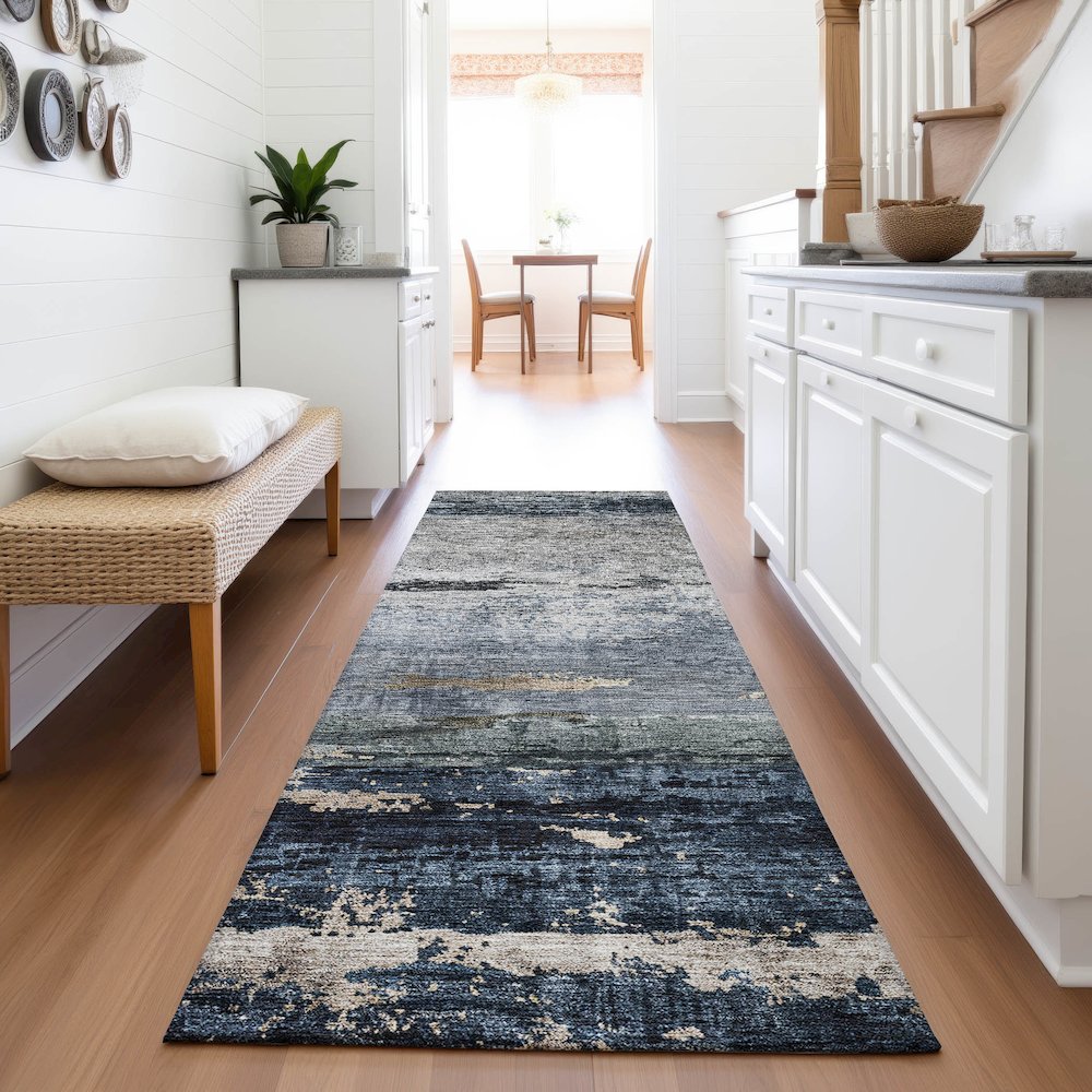 Premium Machine Washable Mayfield AMF1195 Navy 2'3" x 7'6" Runner Rug. Picture 5