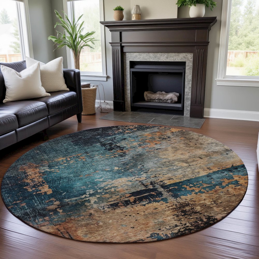 Premium Machine Washable Mayfield AMF1206 Teal 8' x 8' Round Rug. Picture 5