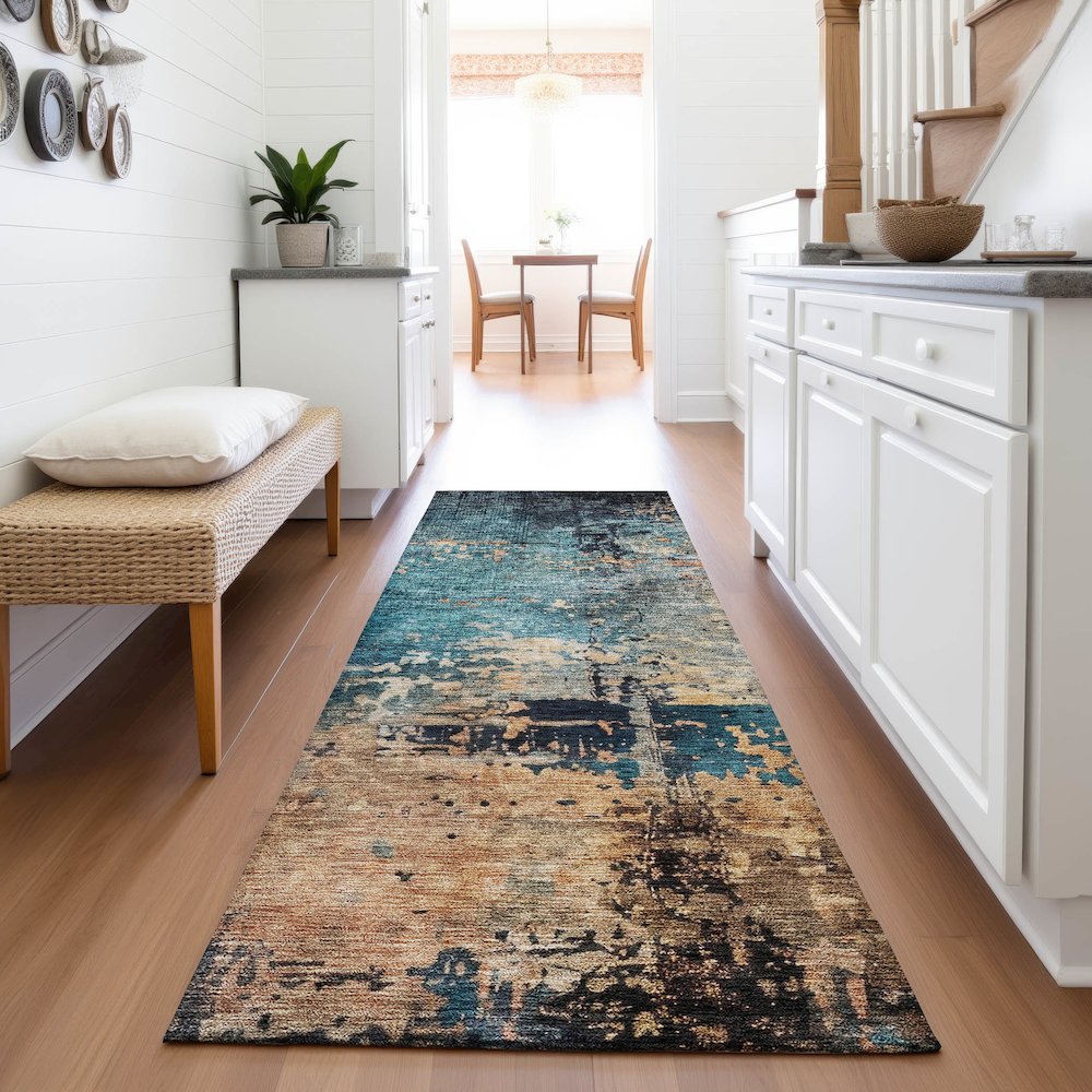 Premium Machine Washable Mayfield AMF1206 Teal 2'3" x 7'6" Runner Rug. Picture 5