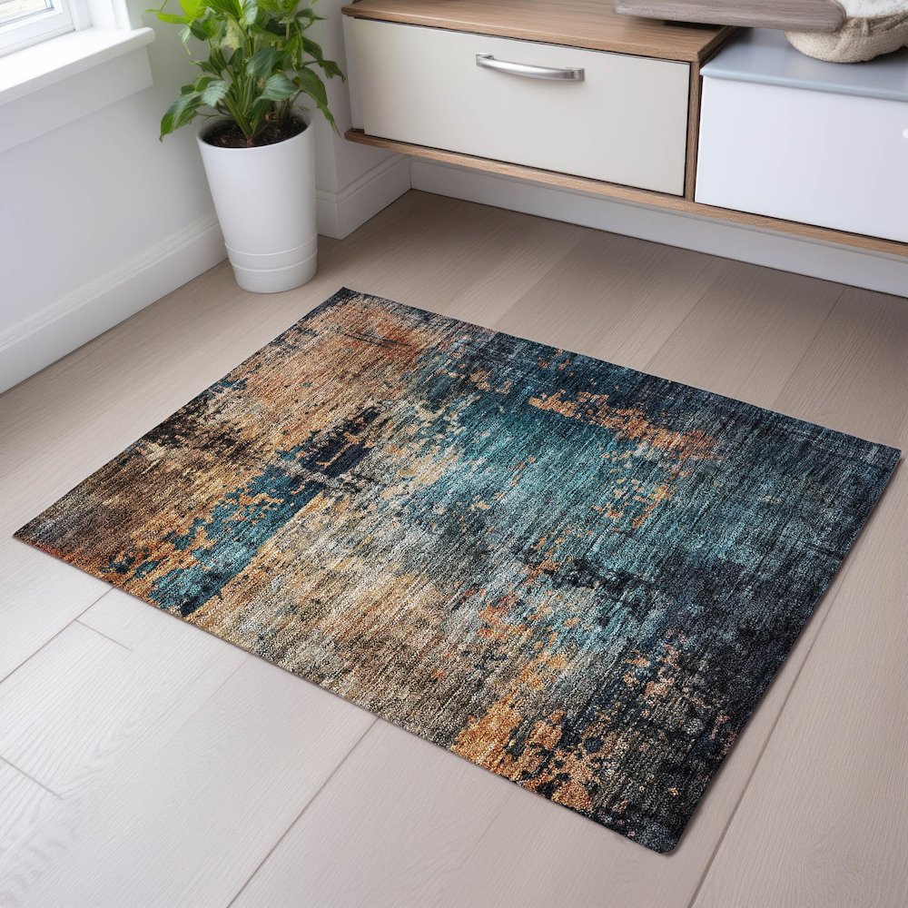 Premium Machine Washable Mayfield AMF1206 Teal 1'8" x 2'6" Rug. Picture 5