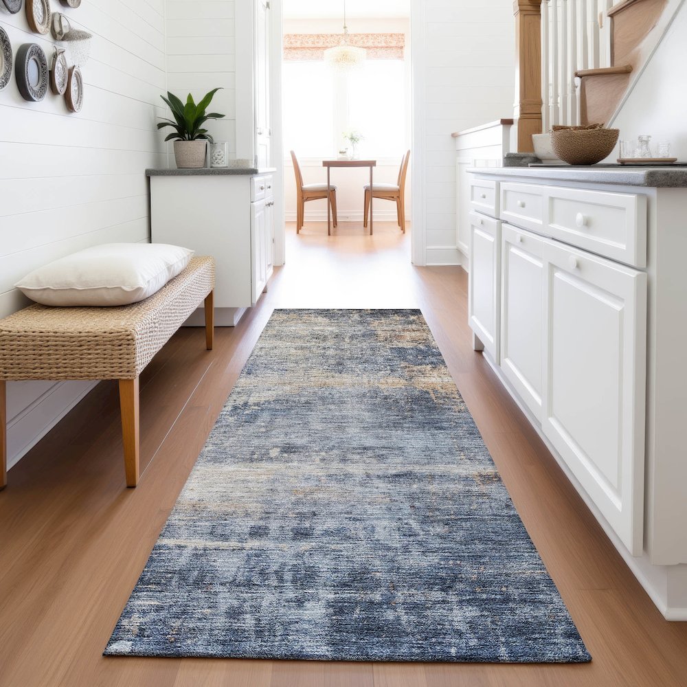 Premium Machine Washable Mayfield AMF1217 Denim 2'3" x 7'6" Runner Rug. Picture 5