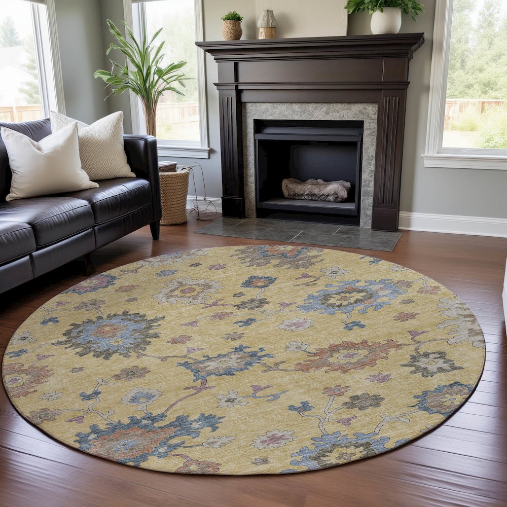 Premium Machine Washable Mayfield AMF1218 Gold 8' x 8' Round Rug. Picture 5