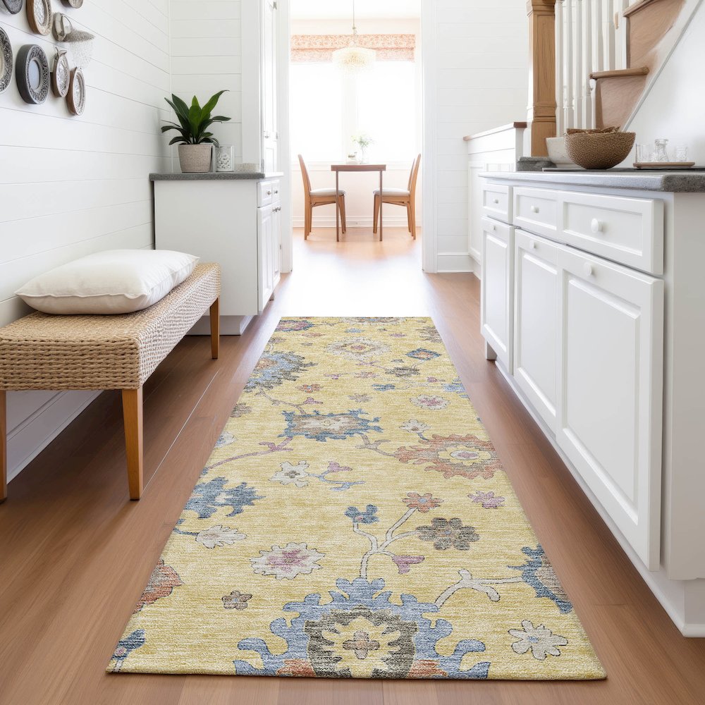 Premium Machine Washable Mayfield AMF1218 Gold 2'3" x 7'6" Runner Rug. Picture 5