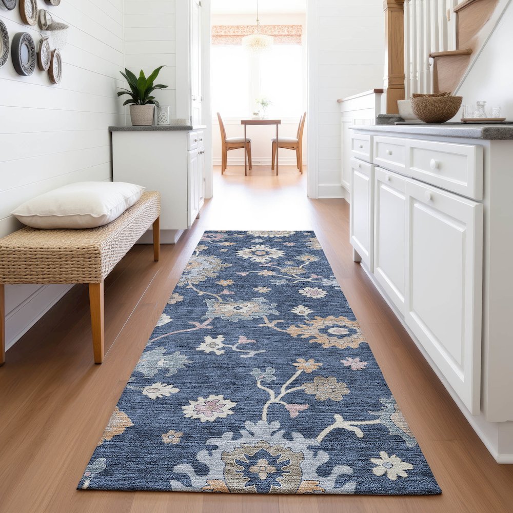 Premium Machine Washable Mayfield AMF1218 Navy 2'3" x 7'6" Runner Rug. Picture 5