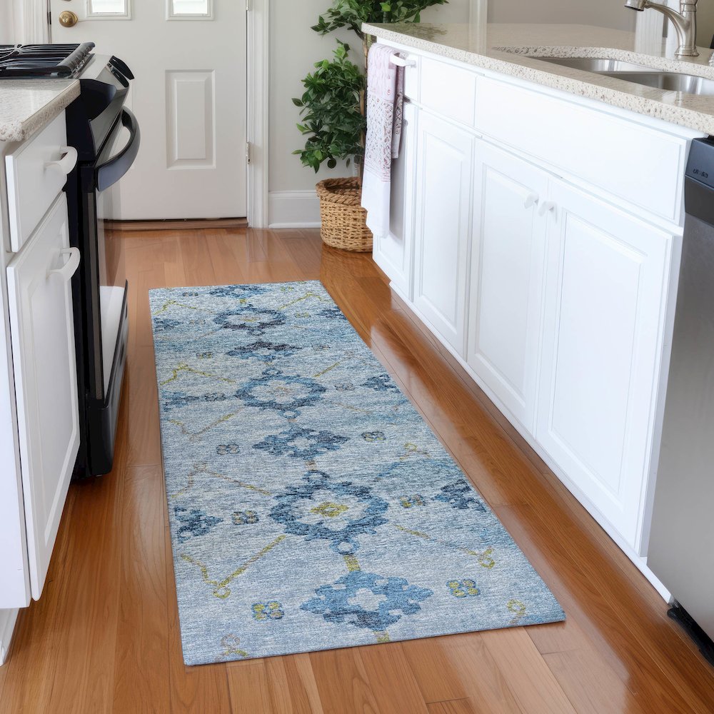 Premium Machine Washable Mayfield  Blue 2'3" x 7'6" Runner Rug. Picture 5