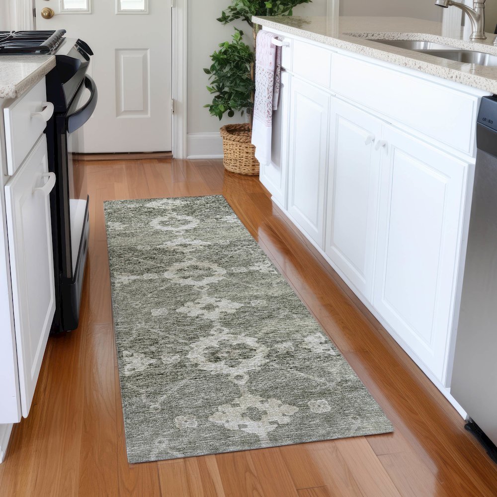 Premium Machine Washable Mayfield  Olive 2'3" x 7'6" Runner Rug. Picture 5