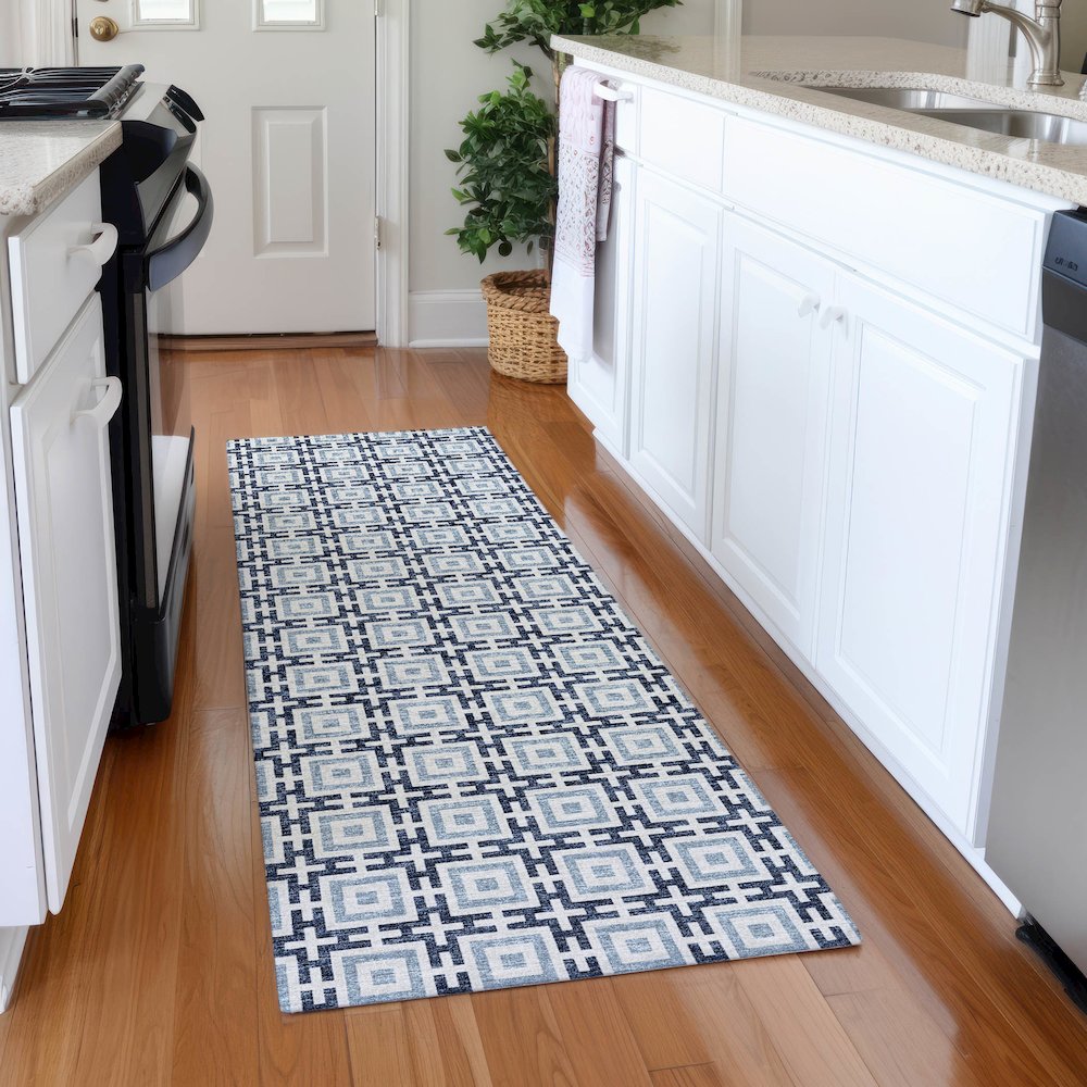 Premium Machine Washable Mayfield  Navy 2'3" x 7'6" Runner Rug. Picture 5