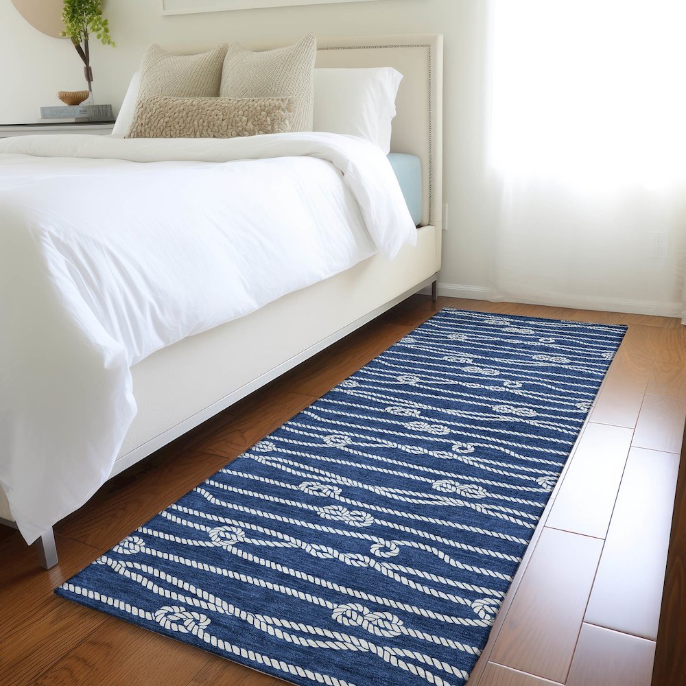 Premium Machine Washable Mayfield  Navy 2'3" x 7'6" Runner Rug. Picture 5