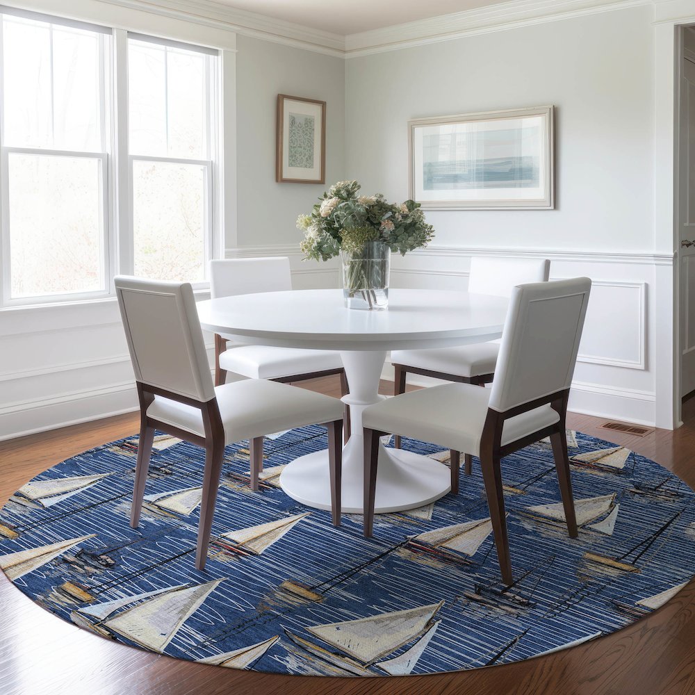 Premium Machine Washable Mayfield  Navy 8' x 8' Round Rug. Picture 5