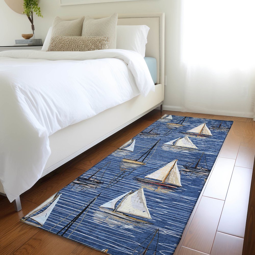 Premium Machine Washable Mayfield  Navy 2'3" x 7'6" Runner Rug. Picture 5