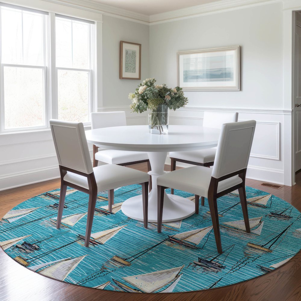 Premium Machine Washable Mayfield  Teal 8' x 8' Round Rug. Picture 5