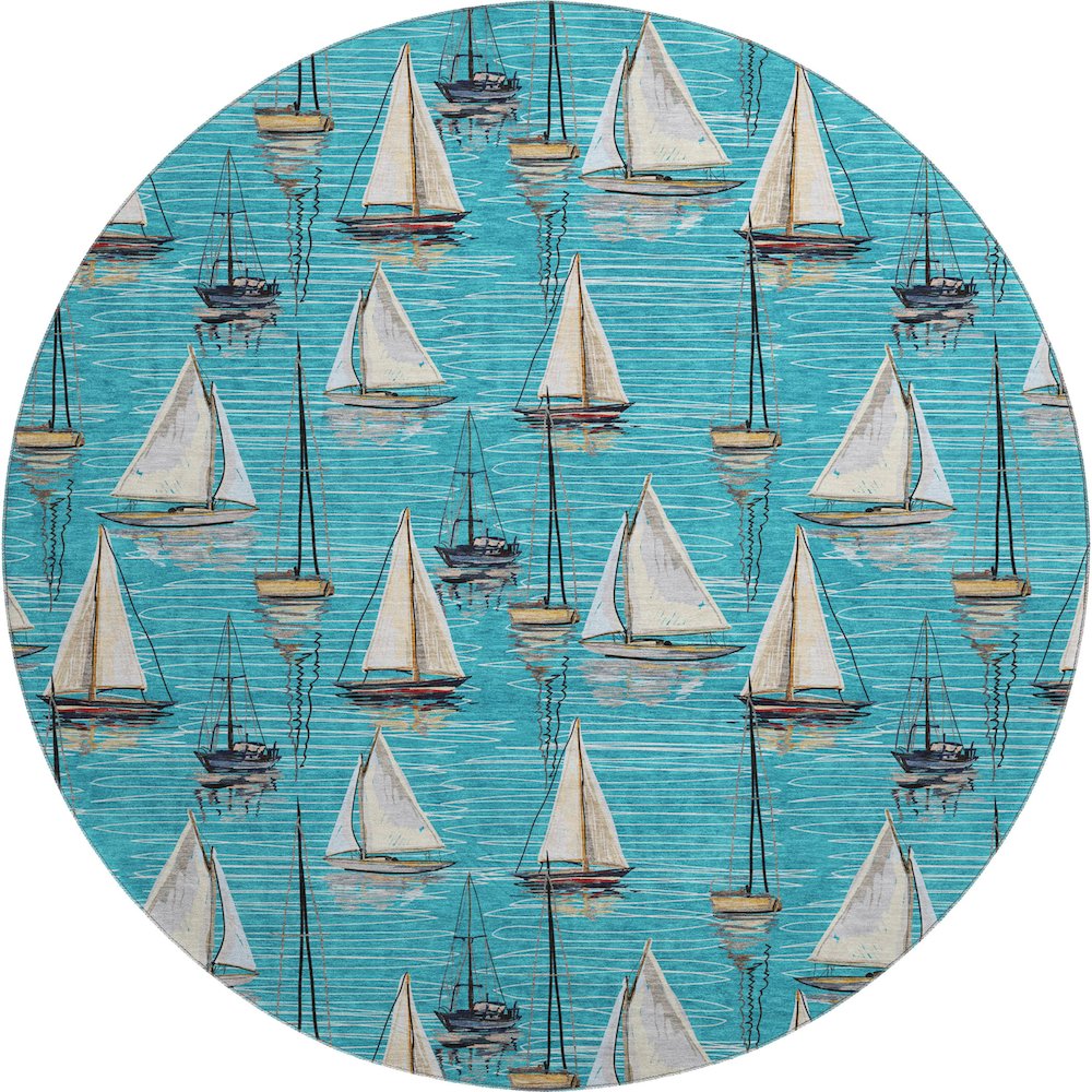 Premium Machine Washable Mayfield  Teal 8' x 8' Round Rug. Picture 1