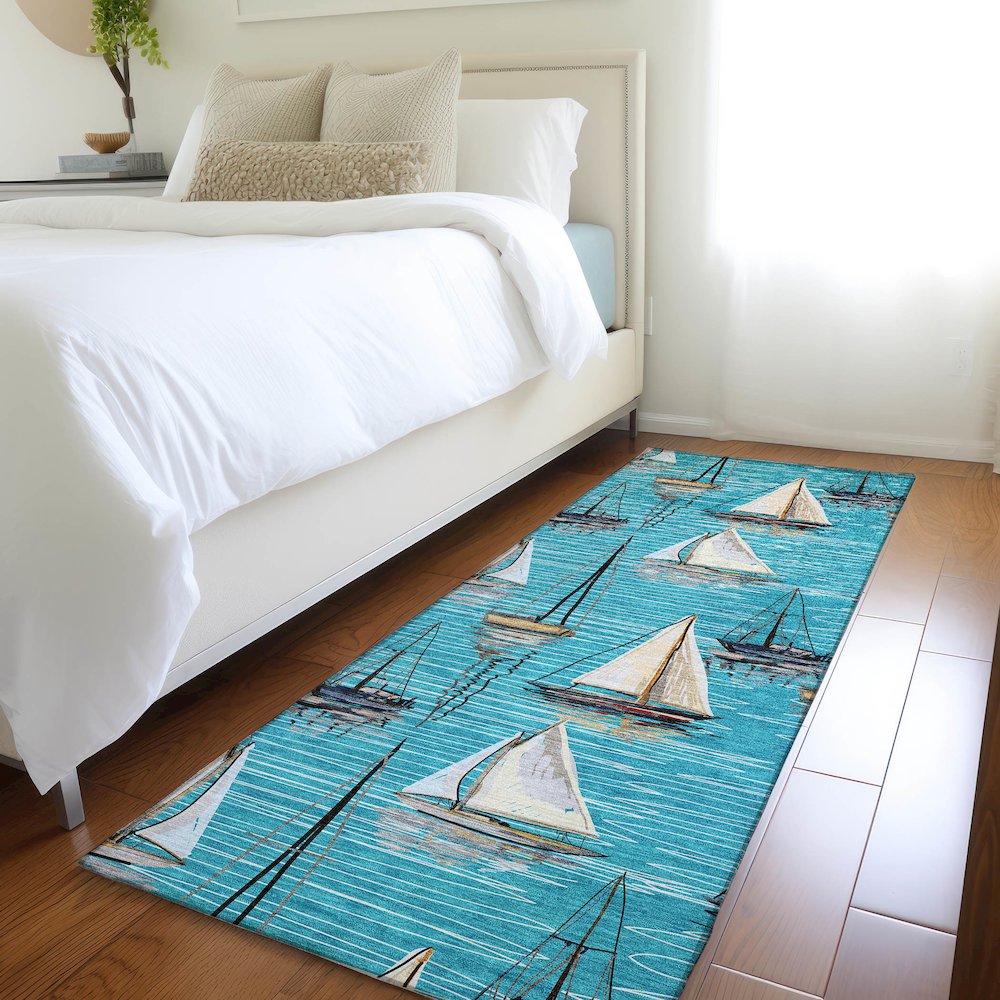 Premium Machine Washable Mayfield  Teal 2'3" x 7'6" Runner Rug. Picture 5