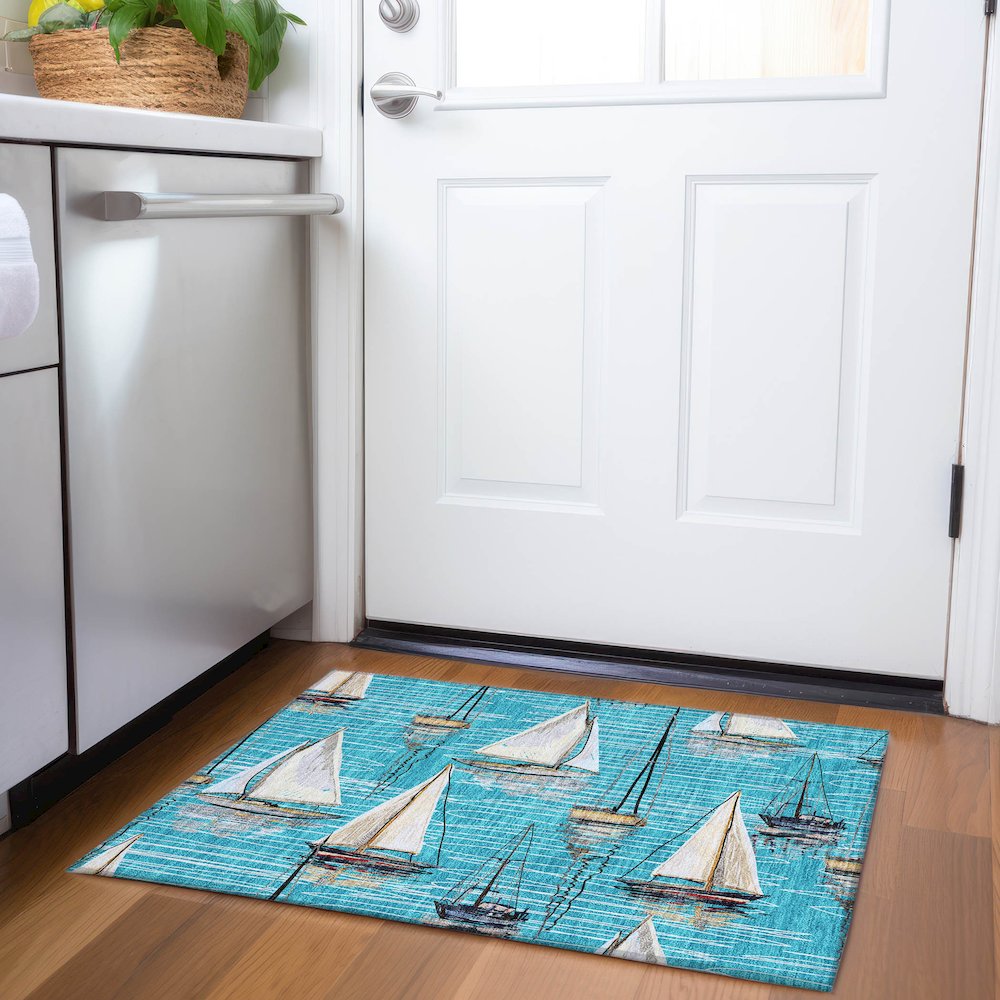 Premium Machine Washable Mayfield  Teal 1'8" x 2'6" Rug. Picture 5