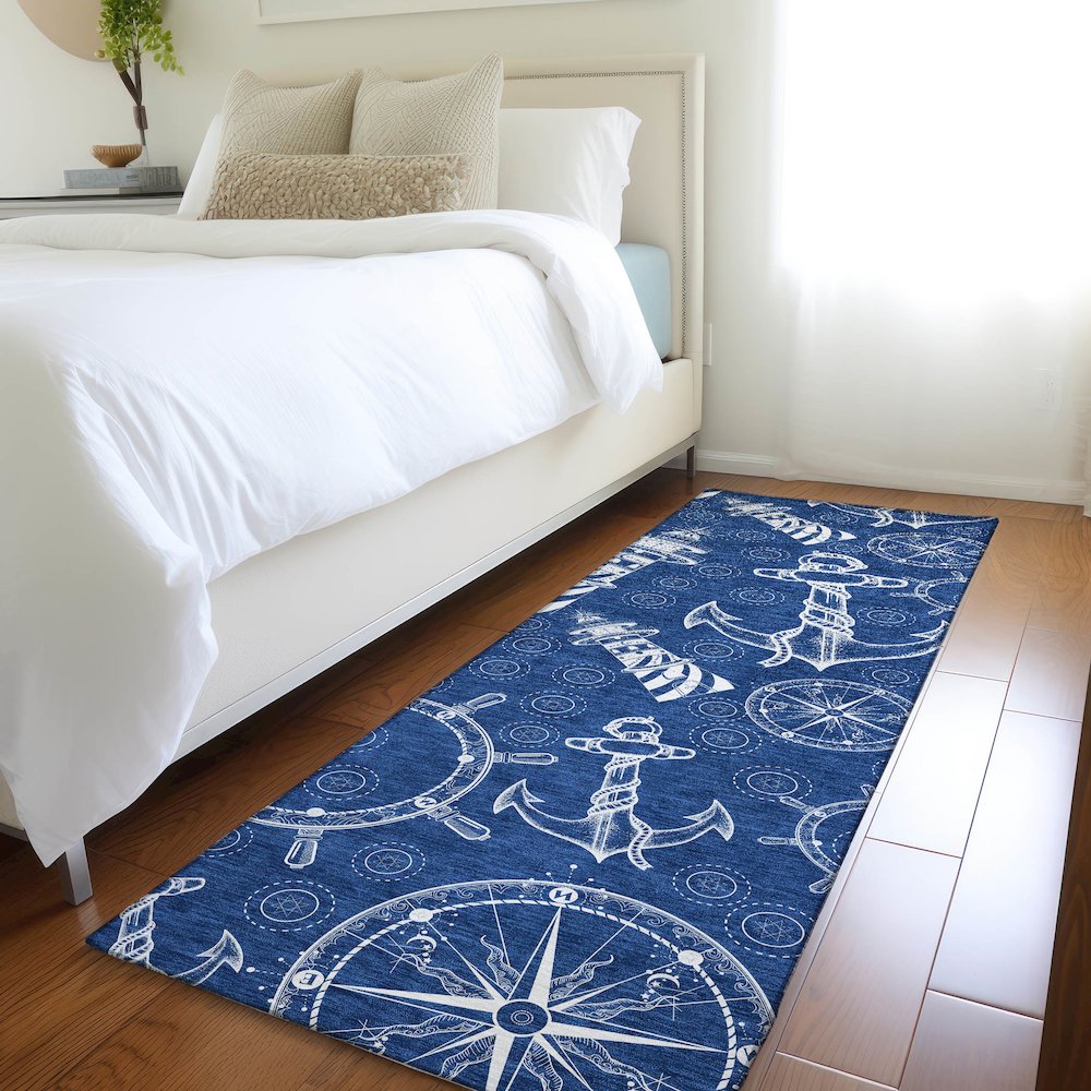 Premium Machine Washable Mayfield  Navy 2'3" x 7'6" Runner Rug. Picture 5