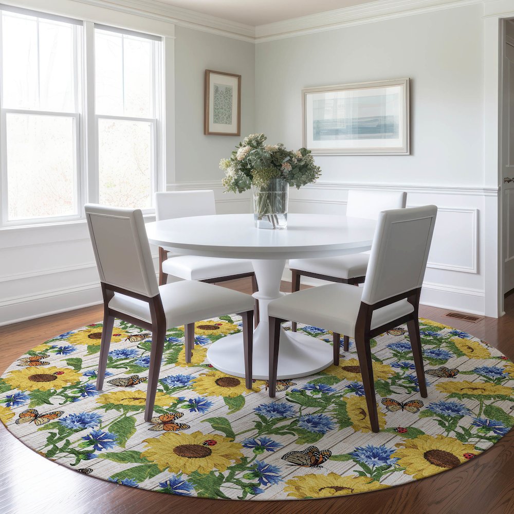Premium Machine Washable Mayfield  Yellow 8' x 8' Round Rug. Picture 5