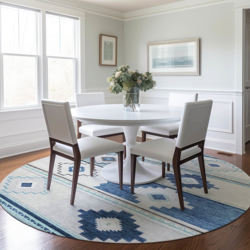 Premium Machine Washable Mayfield  Blue 8' x 8' Round Rug. Picture 5