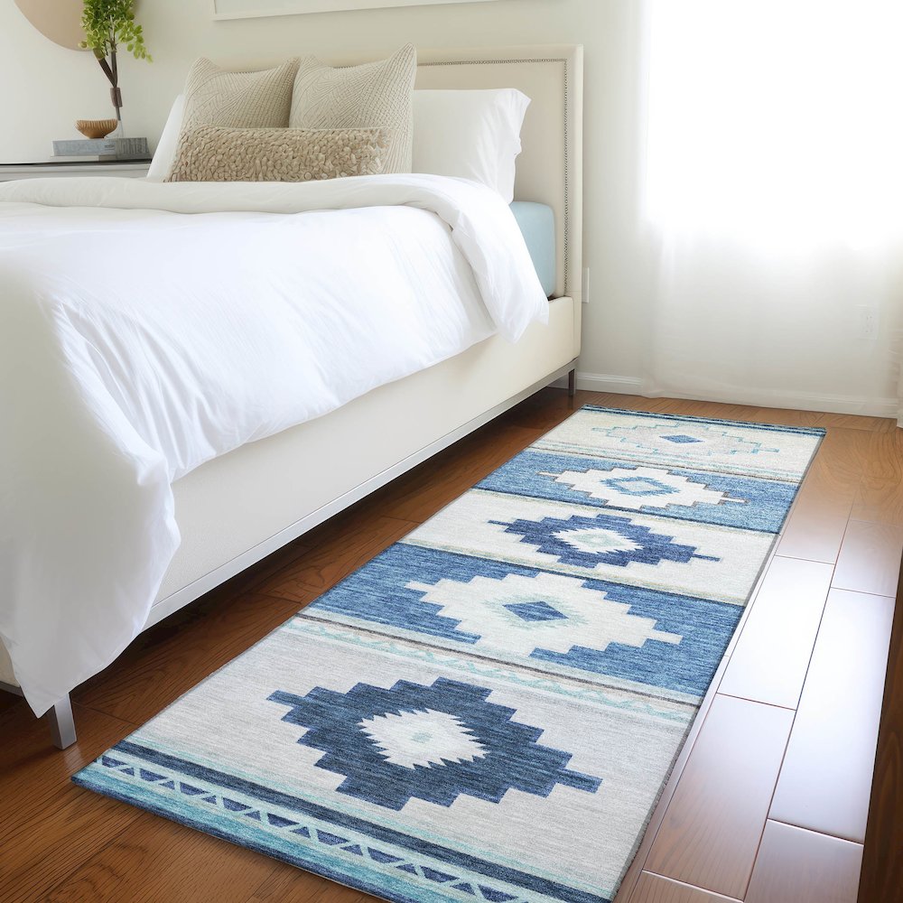 Premium Machine Washable Mayfield  Blue 2'3" x 7'6" Runner Rug. Picture 5