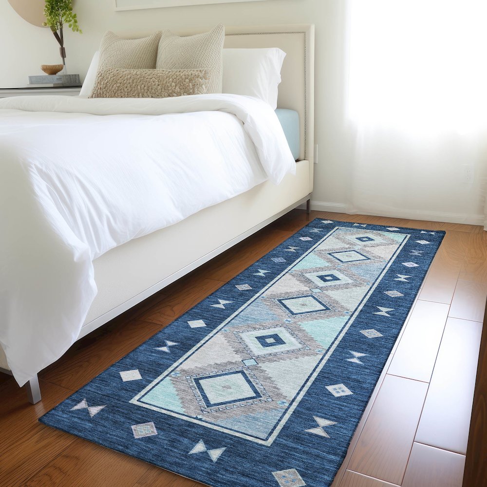 Premium Machine Washable Mayfield  Blue 2'3" x 7'6" Runner Rug. Picture 5