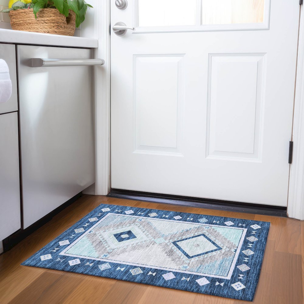 Premium Machine Washable Mayfield  Blue 1'8" x 2'6" Rug. Picture 5