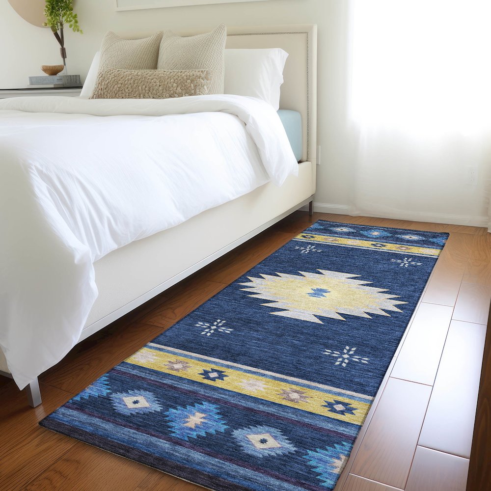 Premium Machine Washable Mayfield  Blue 2'3" x 7'6" Runner Rug. Picture 5