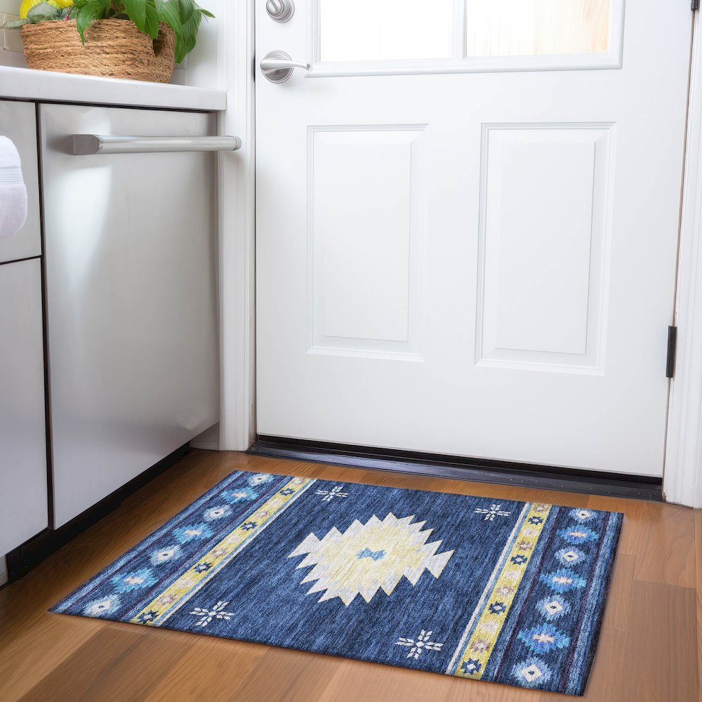 Premium Machine Washable Mayfield  Blue 1'8" x 2'6" Rug. Picture 5