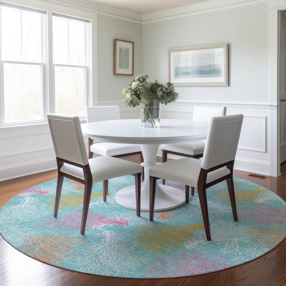 Premium Machine Washable Mayfield  Aqua 8' x 8' Round Rug. Picture 5