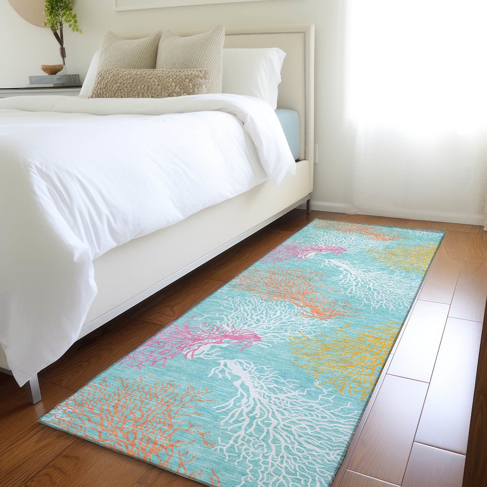 Premium Machine Washable Mayfield  Aqua 2'3" x 7'6" Runner Rug. Picture 5