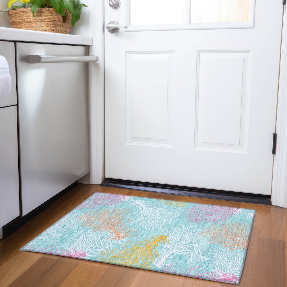 Premium Machine Washable Mayfield  Aqua 1'8" x 2'6" Rug. Picture 5