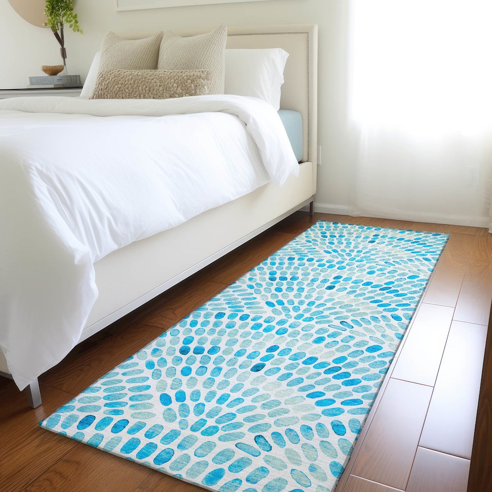 Premium Machine Washable Mayfield  Aqua 2'3" x 7'6" Runner Rug. Picture 5
