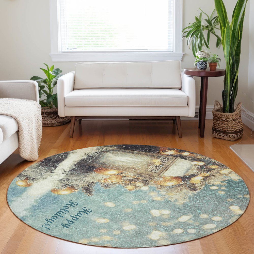 Premium Machine Washable Mayfield  Blue 8' x 8' Round Rug. Picture 5