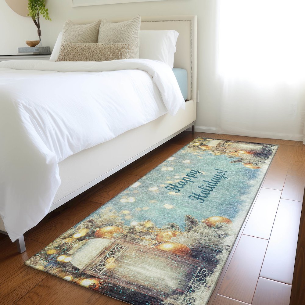 Premium Machine Washable Mayfield  Blue 2'3" x 7'6" Runner Rug. Picture 5