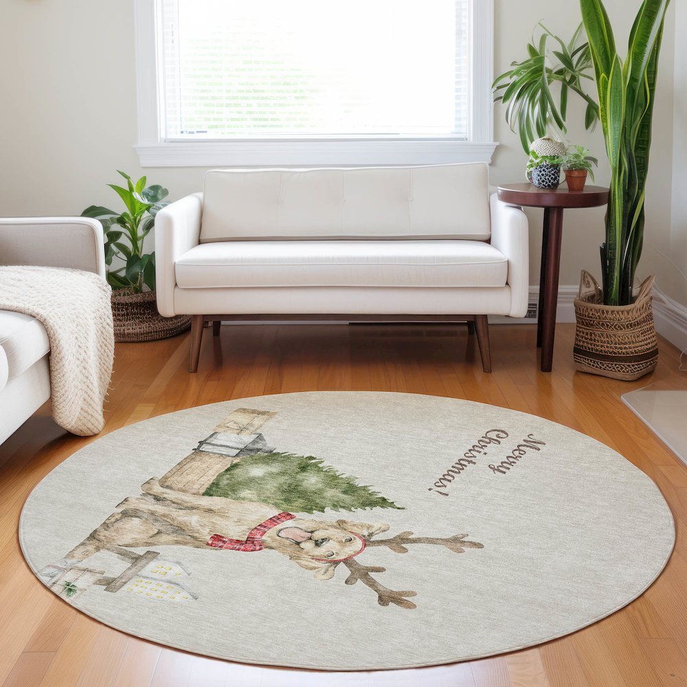 Premium Machine Washable Mayfield  Taupe 8' x 8' Round Rug. Picture 5