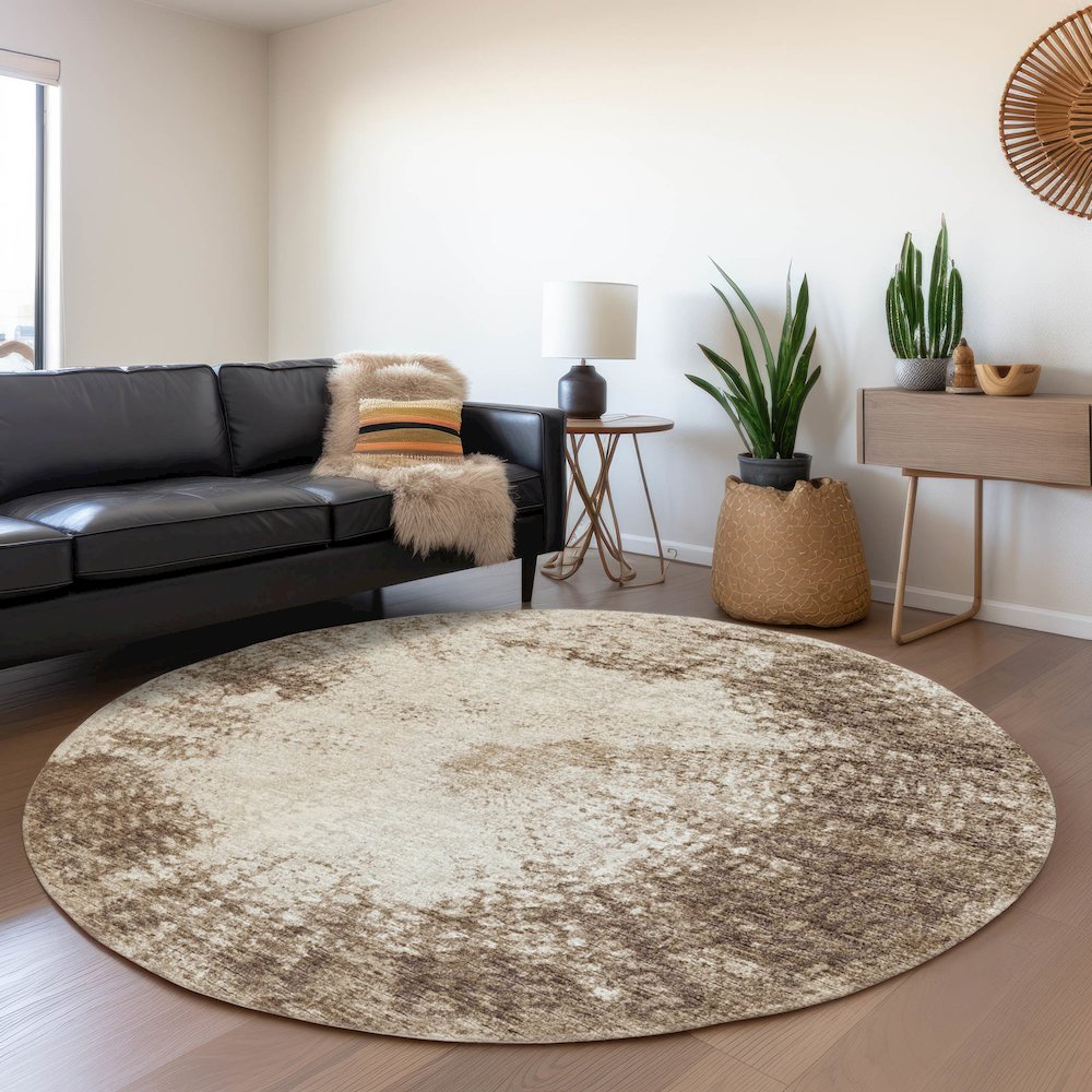 Premium Machine Washable Mayfield  Brown 8' x 8' Round Rug. Picture 5