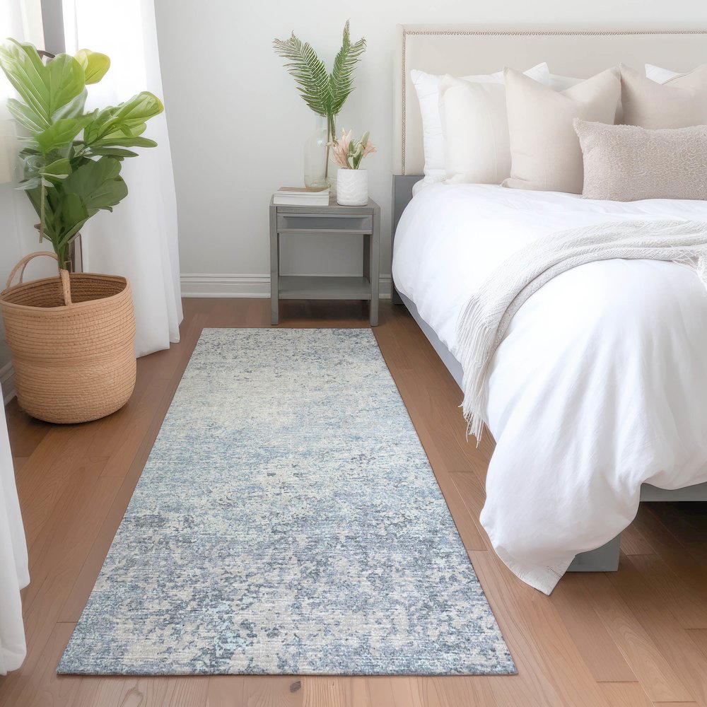 Premium Machine Washable Mayfield  Blue 2'3" x 7'6" Runner Rug. Picture 5