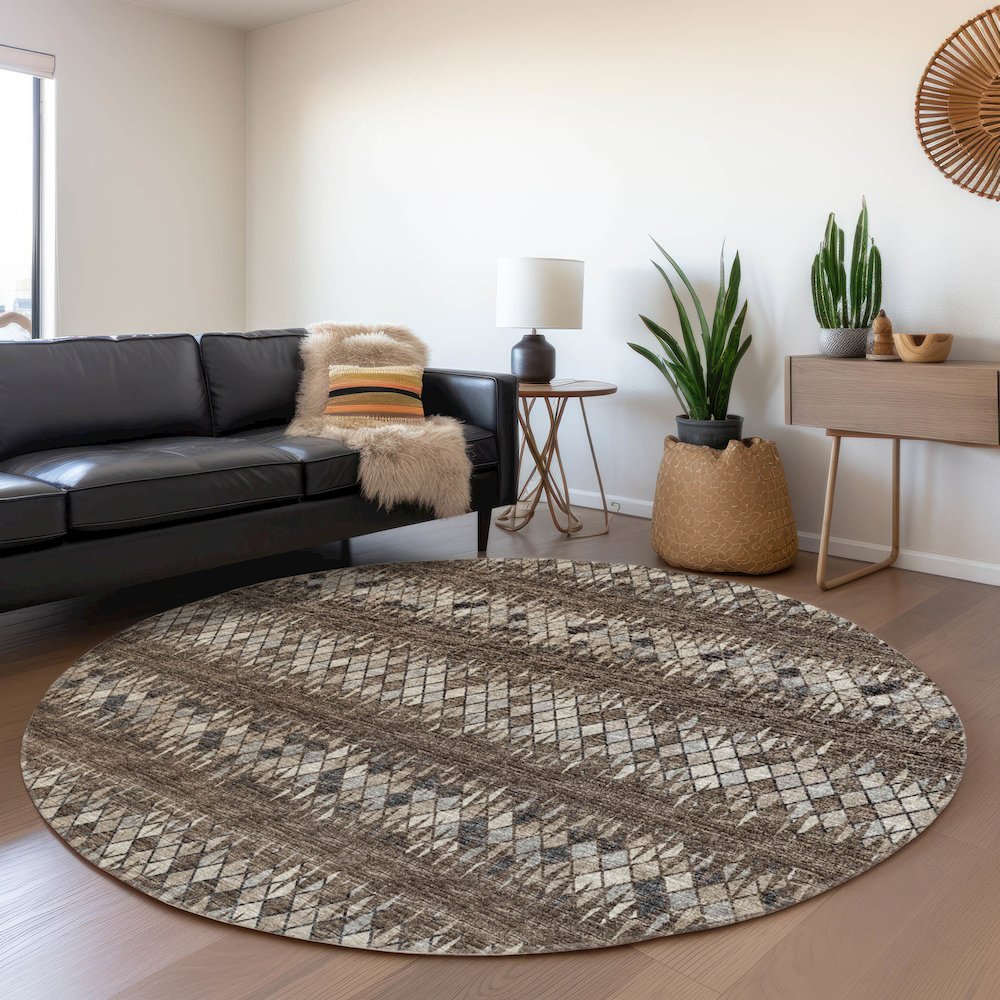 Premium Machine Washable Mayfield  Brown 8' x 8' Round Rug. Picture 5