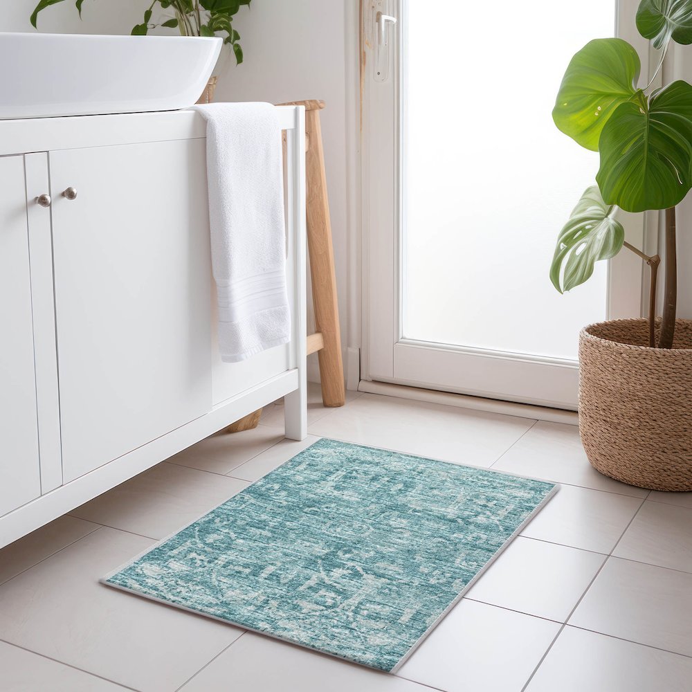 Premium Machine Washable Mayfield  Blue 1'8" x 2'6" Rug. Picture 5
