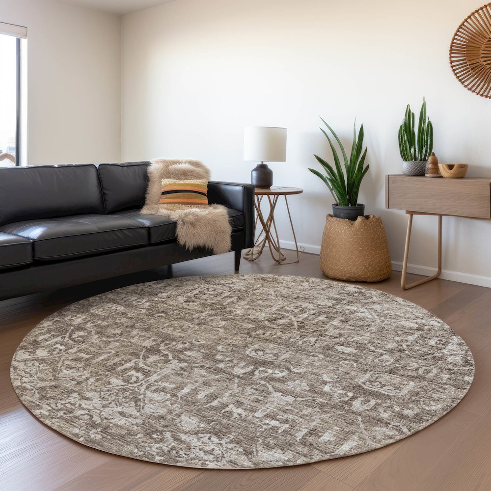 Premium Machine Washable Mayfield  Brown 8' x 8' Round Rug. Picture 5